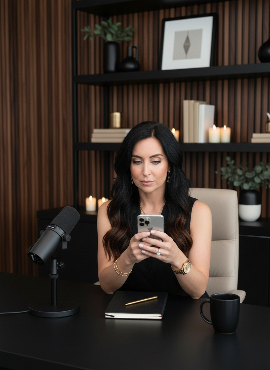 Madison seated at a black desk with a microphone, looking down at her phone