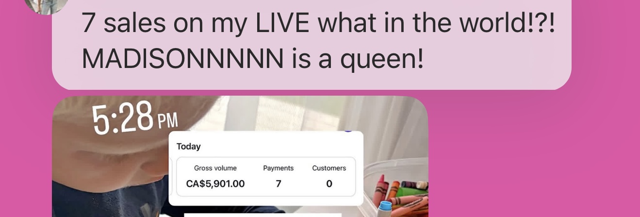 "7 sales on my LIVE what in the world!?!" — CA$5,901 gross volume.